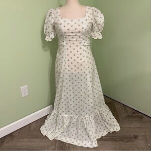 VTG 70s Handmade Floral Prairie Dress Cottage Boho Ruffle Puff Sleeve Women’s L